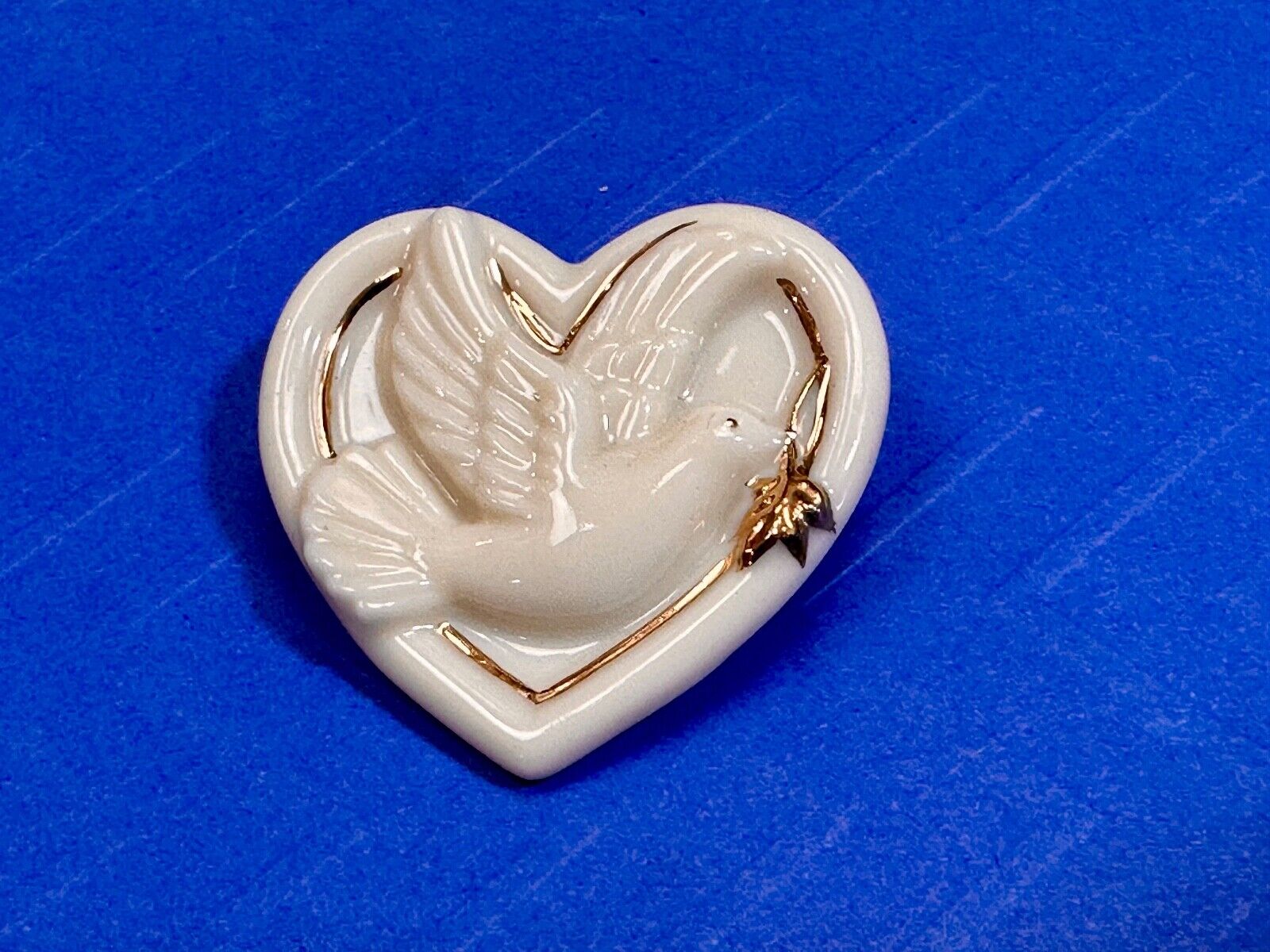 Vintage Lenox Heart Shaped Brooch with Peace Dove & Olive Branch, Gold Trim