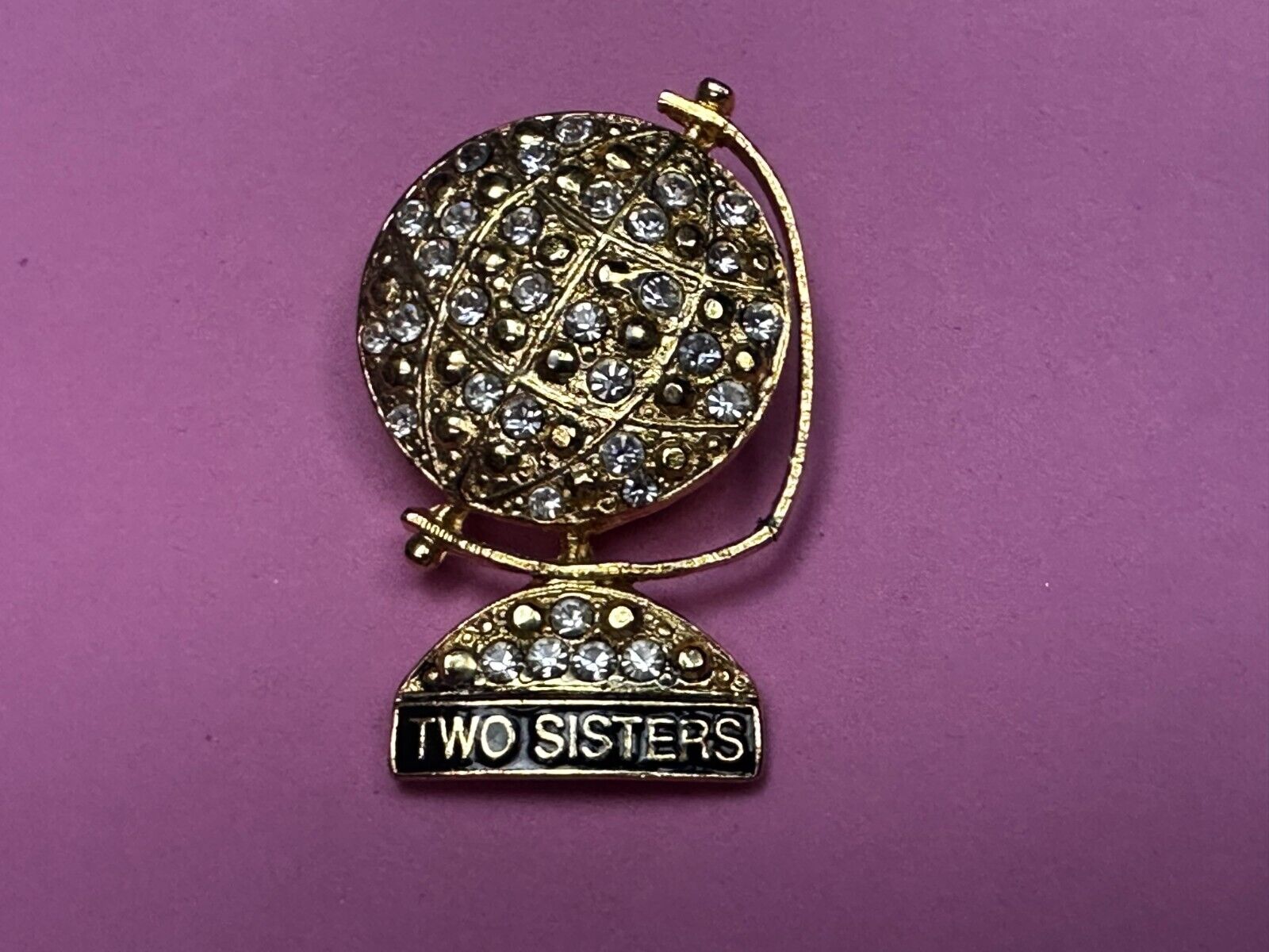 Two Sisters - Globe Covered with Rhinestone's Vintage Gold Tone Brooch Pin