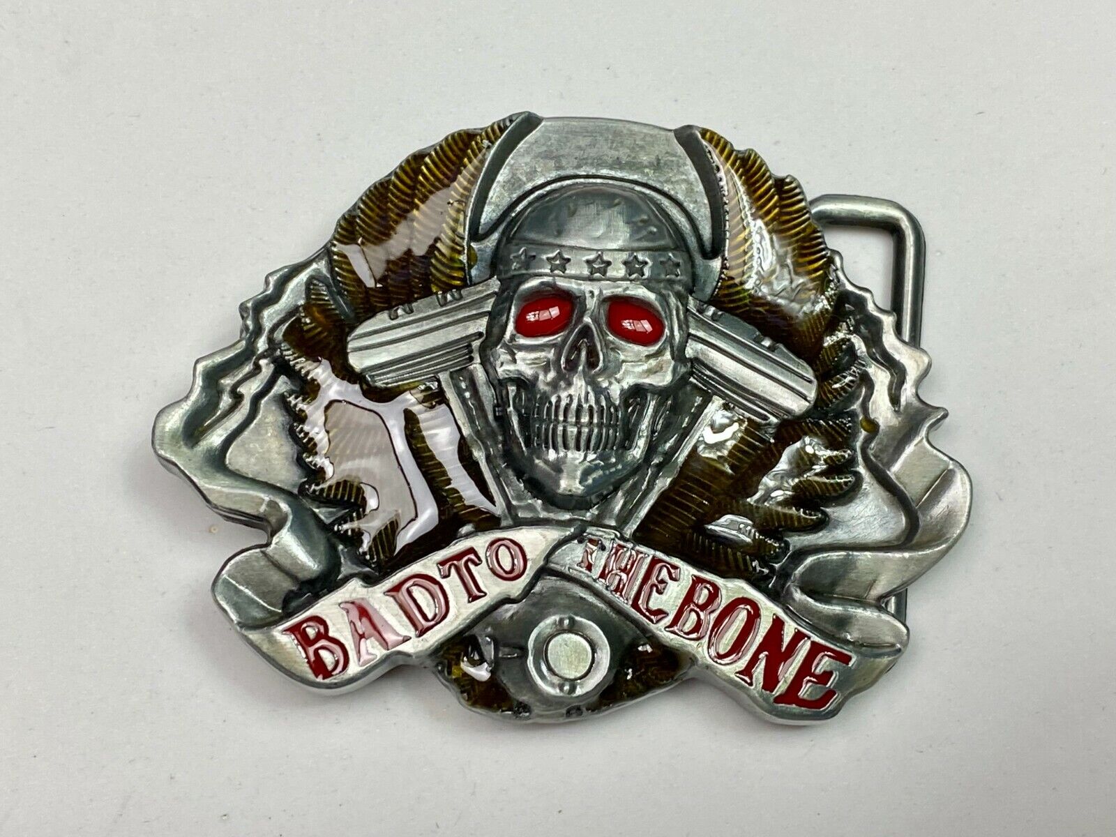 Bad to the bone - Red eyes Bikers Motorcycle Riders skull and wings belt buckle