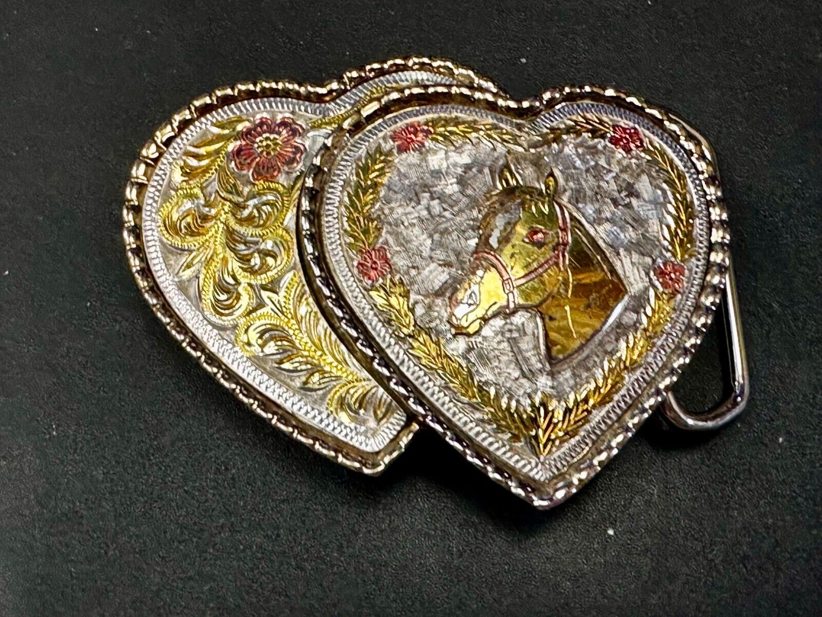 Twin Dual Hearts Horse Head Flower Swirl FloralWestern Belt Buckle W USA