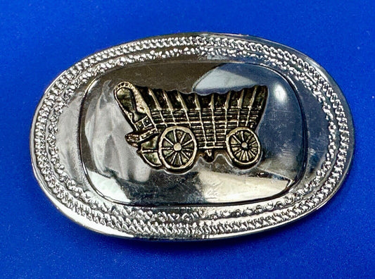 70s Covered Wagon two tone reflective oval ornate boarder belt buckle