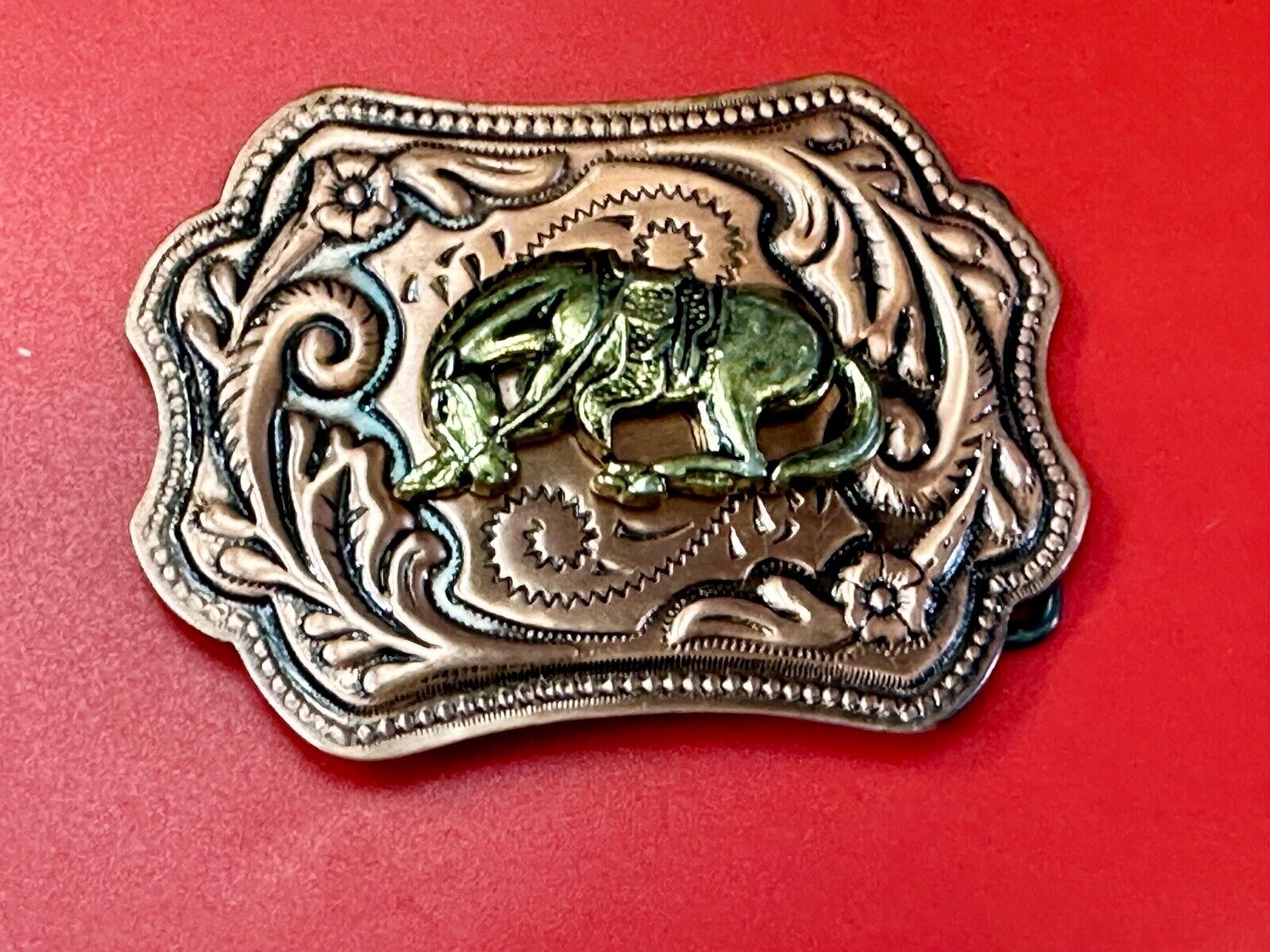 Vintage Horse w/  head down end of the trail two tone ornate western belt buckle
