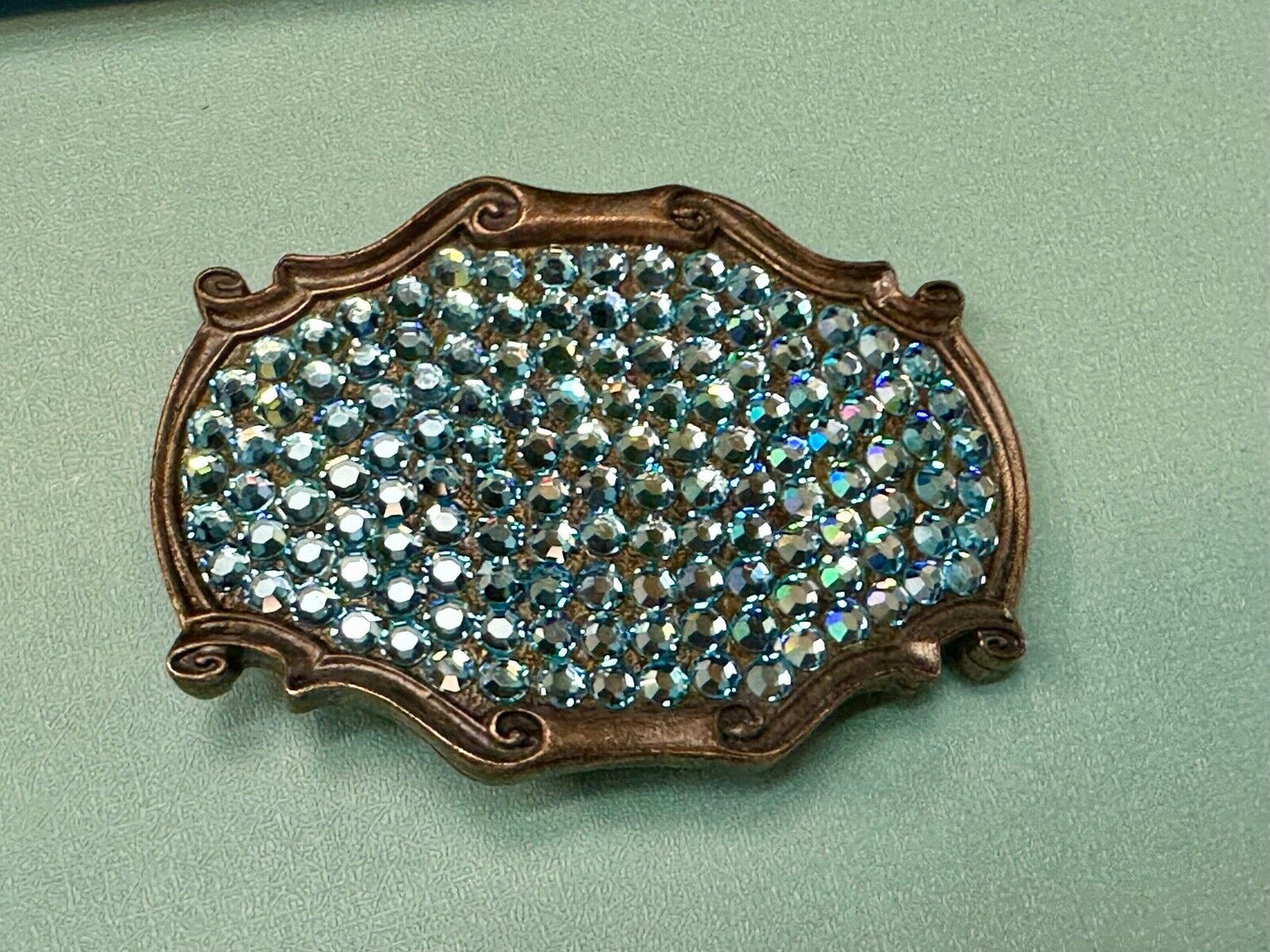 Vintage light blue rhinestone covered western framed belt buckle