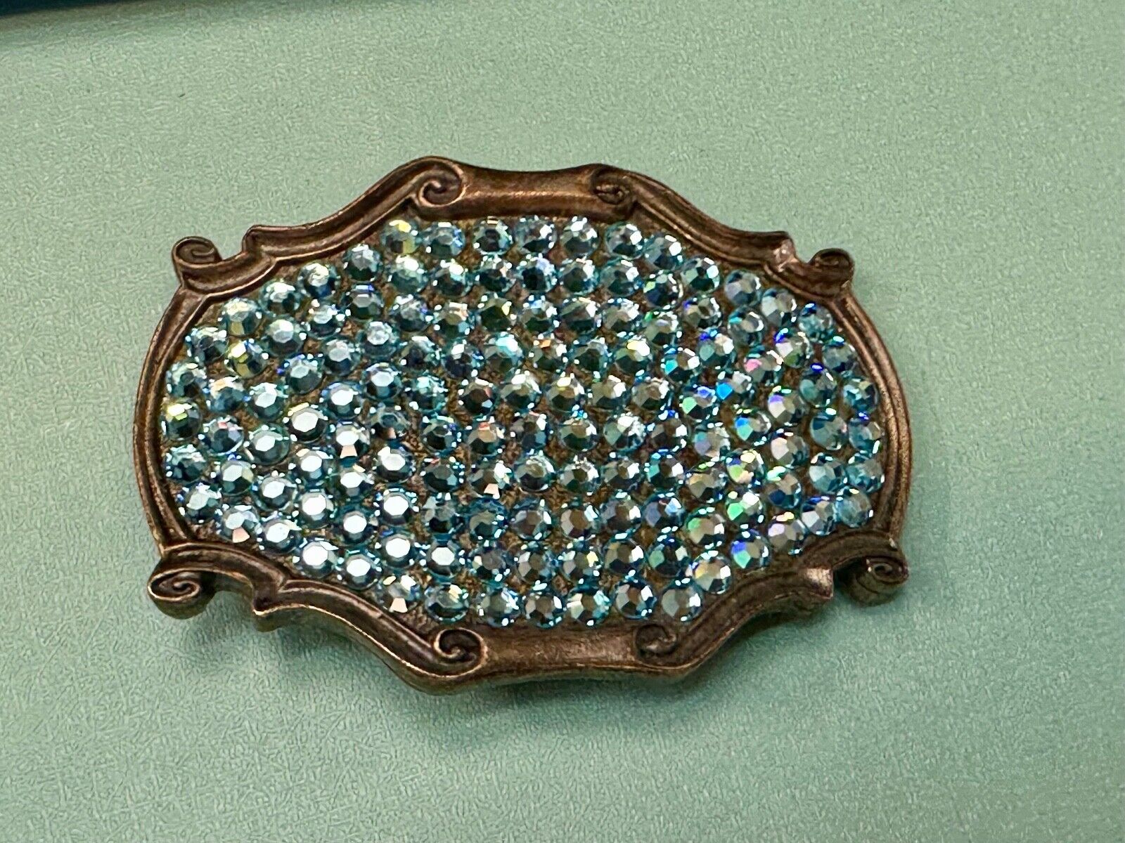 Vintage light blue rhinestone covered western framed belt buckle