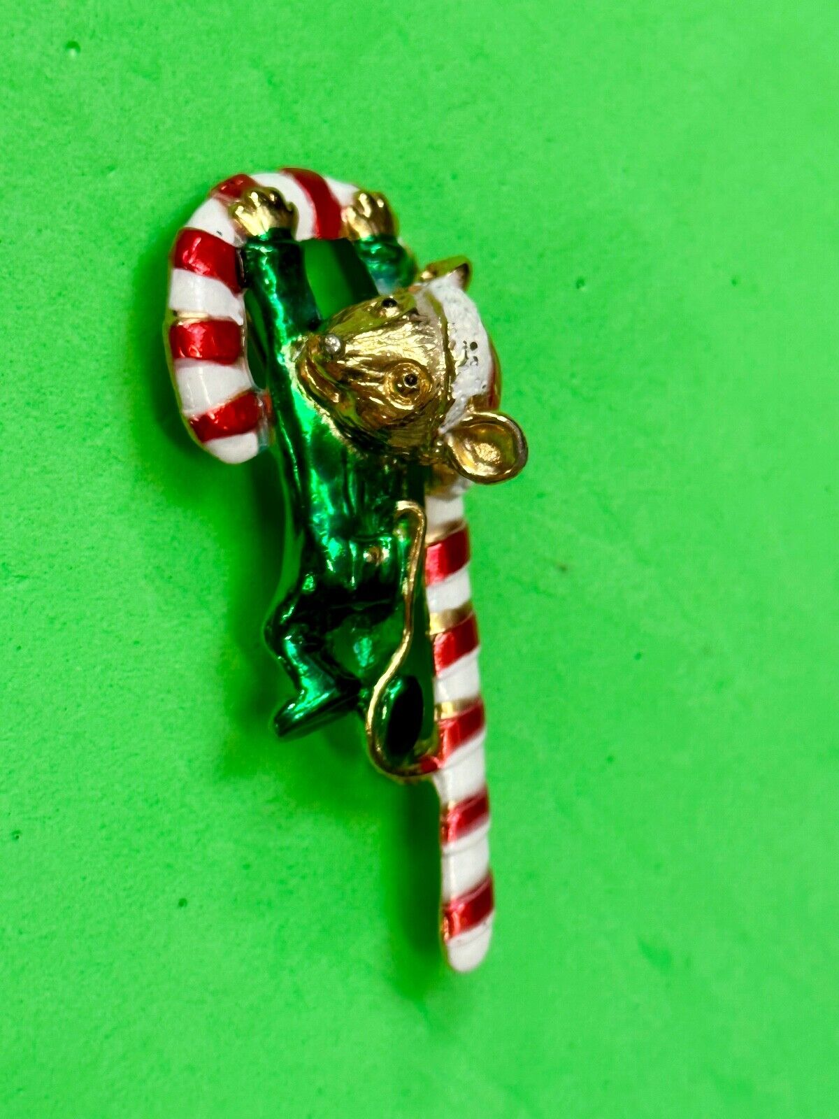 AJC signed MOUSE on Candy Cane Holliday Pin /  Brooch
