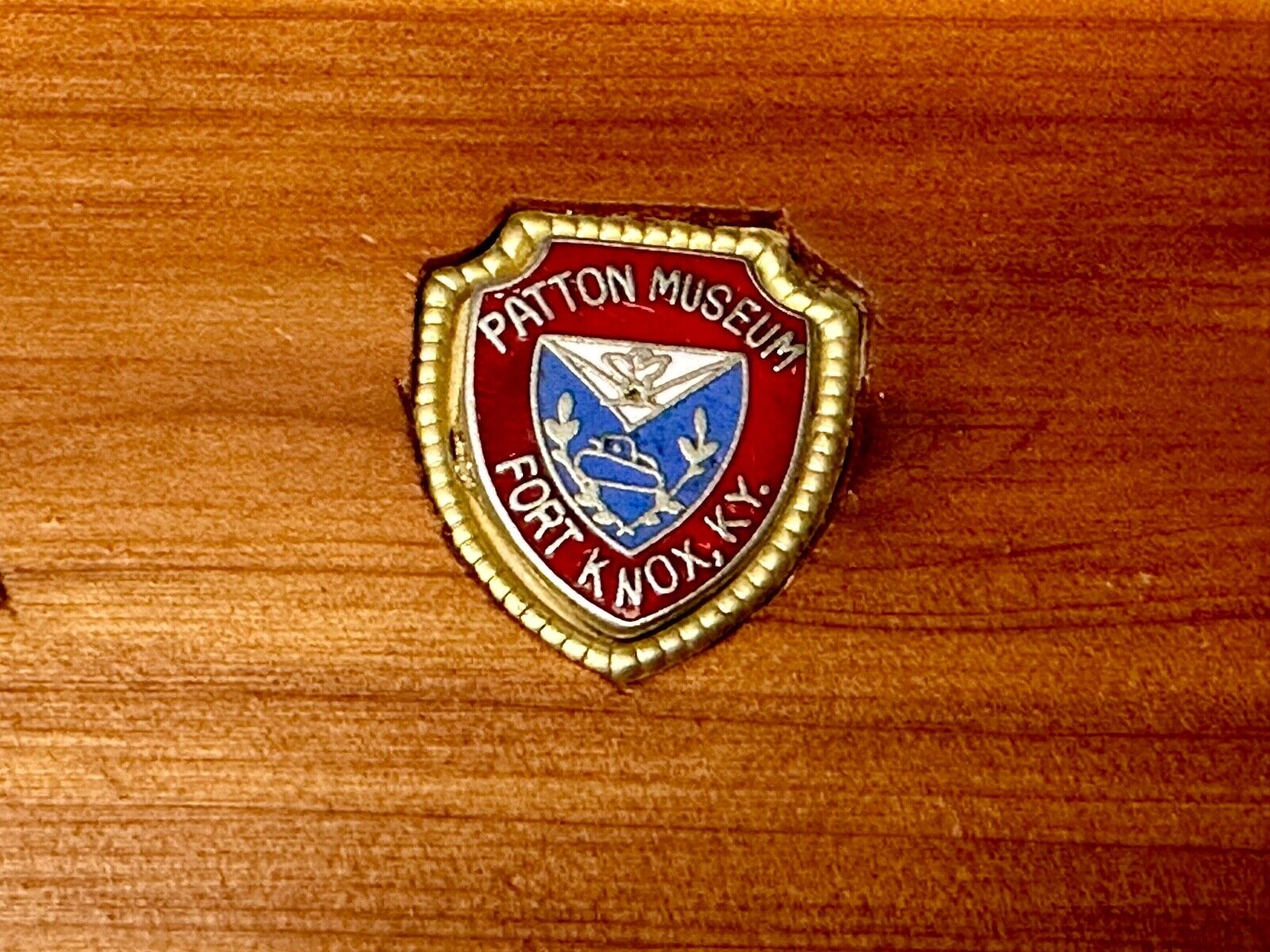 Two pins Patton Museum Fort Knox KY Artisan Inlaid project to wooden Belt Buckle