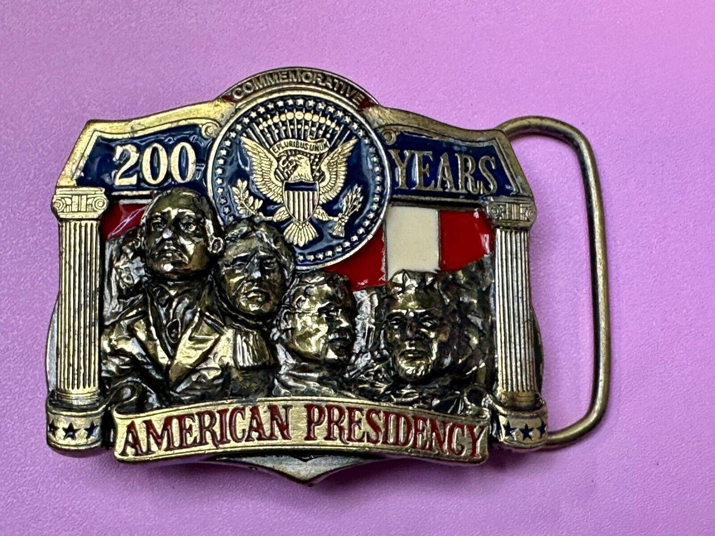 American Presidency Belt Buckle Vintage 200 Years Mount Rushmore Commemorative
