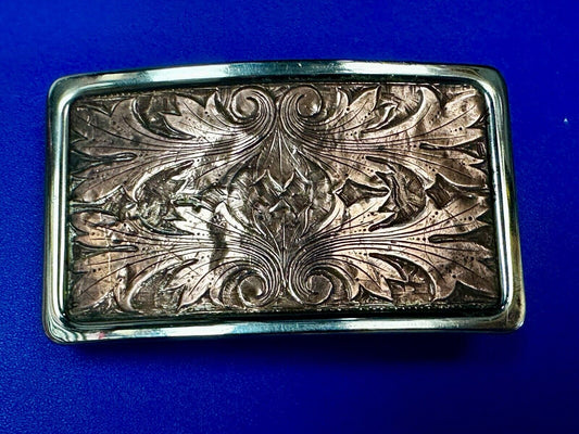 Vintage etched brown leaf pattern two tone Belt Buckle