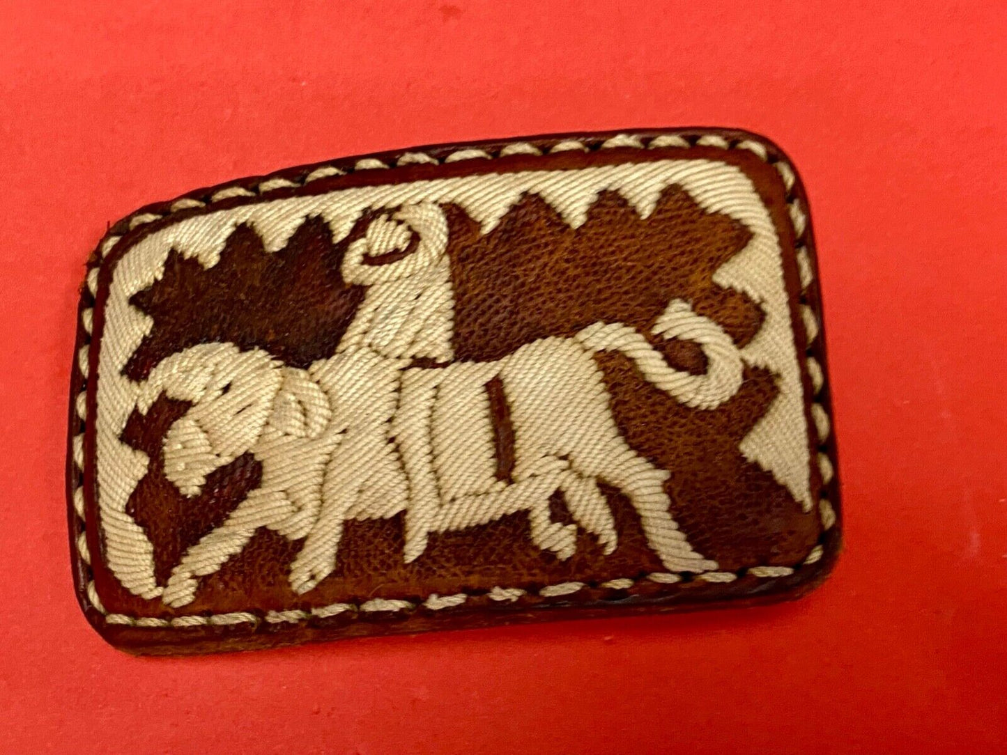 Vintage Fabric Stitched Belt Buckle  Rodeo Cowboy On Wild Bull