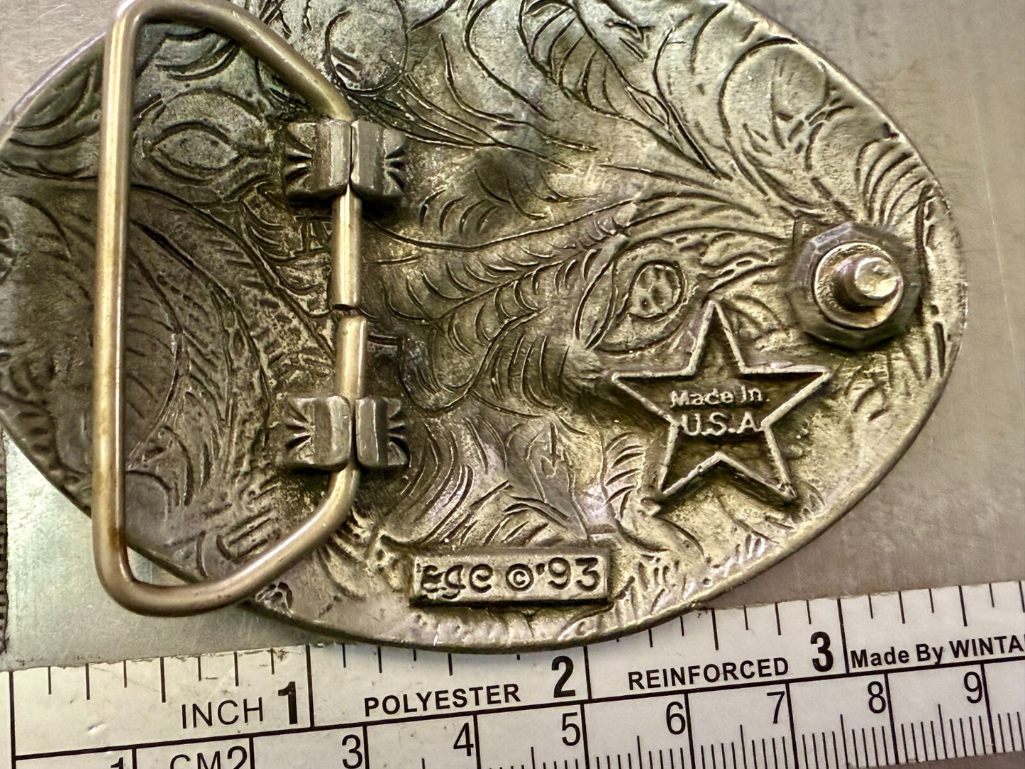 3D Flying American Bald Eagle Swirl Ornate Border Carved 1993 EGE Belt Buckle
