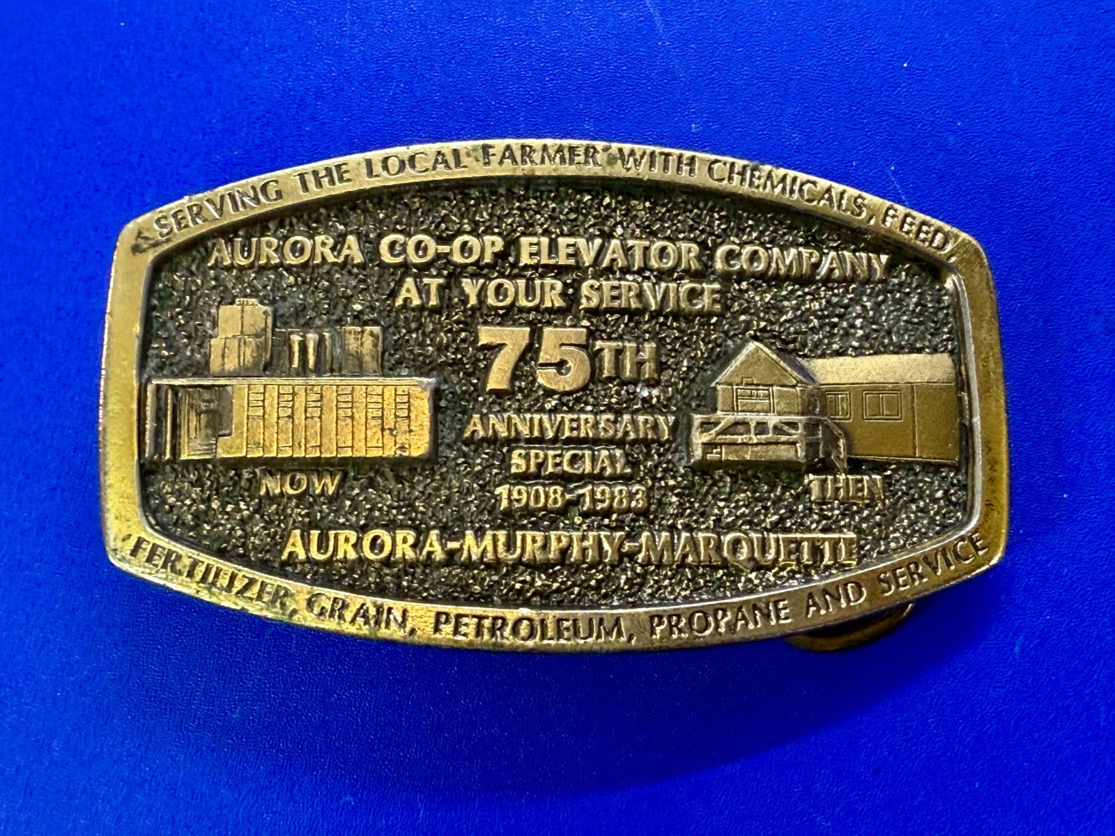 Aurora Co-Op Elevator Company at your Service 75th Anniversary Belt Buckle