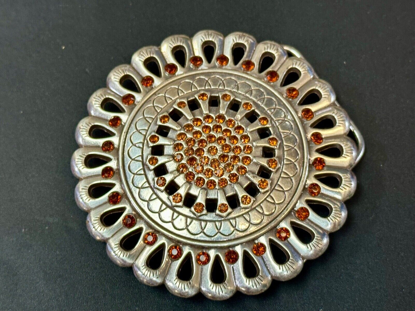 Vintage Flower shaped silver tone red rhinestone accented belt buckle