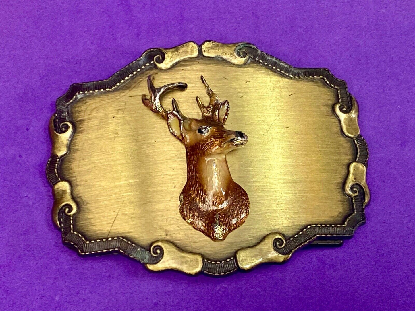 Vintage Deer Coming Out Of Western Framed Braintree Belt Buckle 