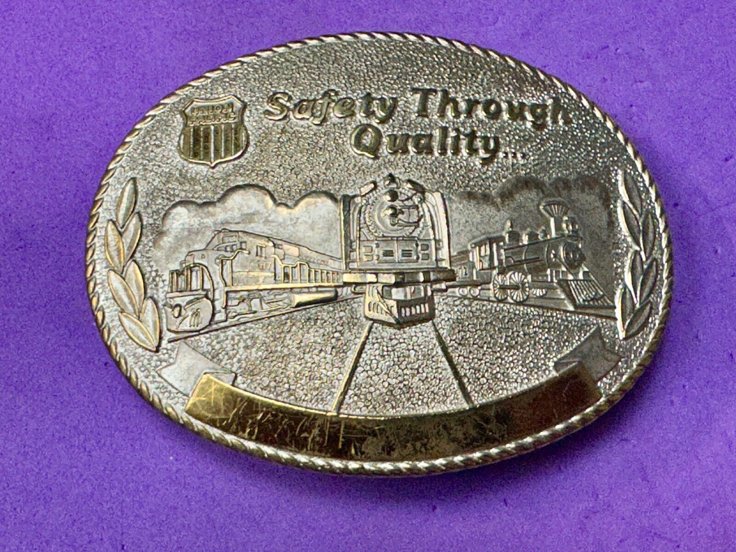 Union Pacific Rail Road SAFETY THROUGH QUALITY Train Engine STOTTS belt buckle
