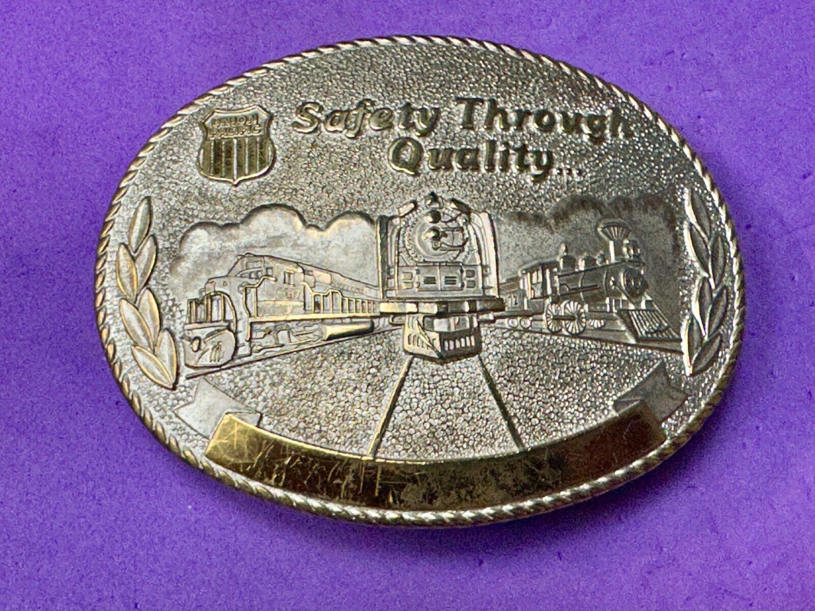 Union Pacific Rail Road SAFETY THROUGH QUALITY Train Engine STOTTS belt buckle