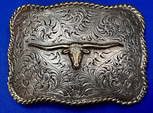 Texas Longhorn Silver & Gold Color Floral Theme Vintage 1995 Belt Buckle
