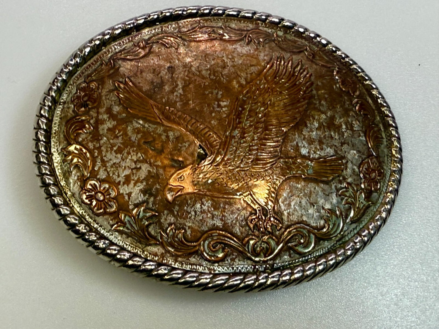 American Bald Flying Eagle Flower Swirl Ornate Brown Color Belt Buckle W USA