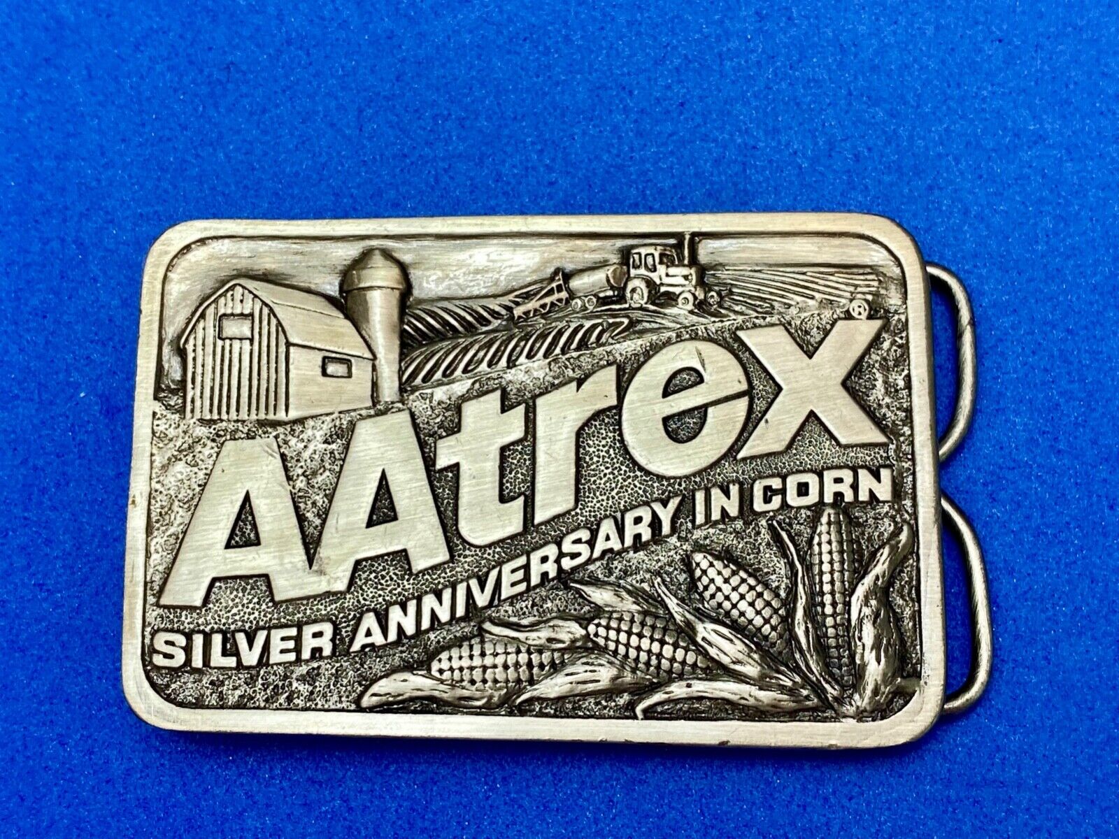 AAtrex Silver Anniversary Farm Tractor Barn Corn Farmer Belt Buckle
