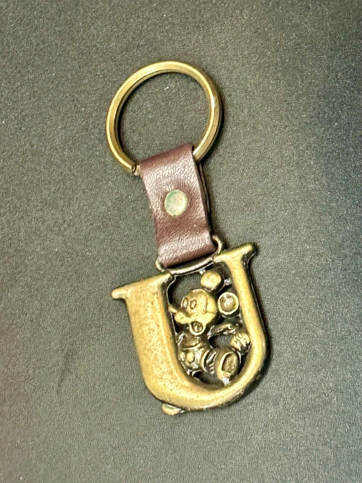 VINTAGE LETTER INITIAL U MICKEY MOUSE DISNEY KEYCHAIN BRASS and LEATHER FOB