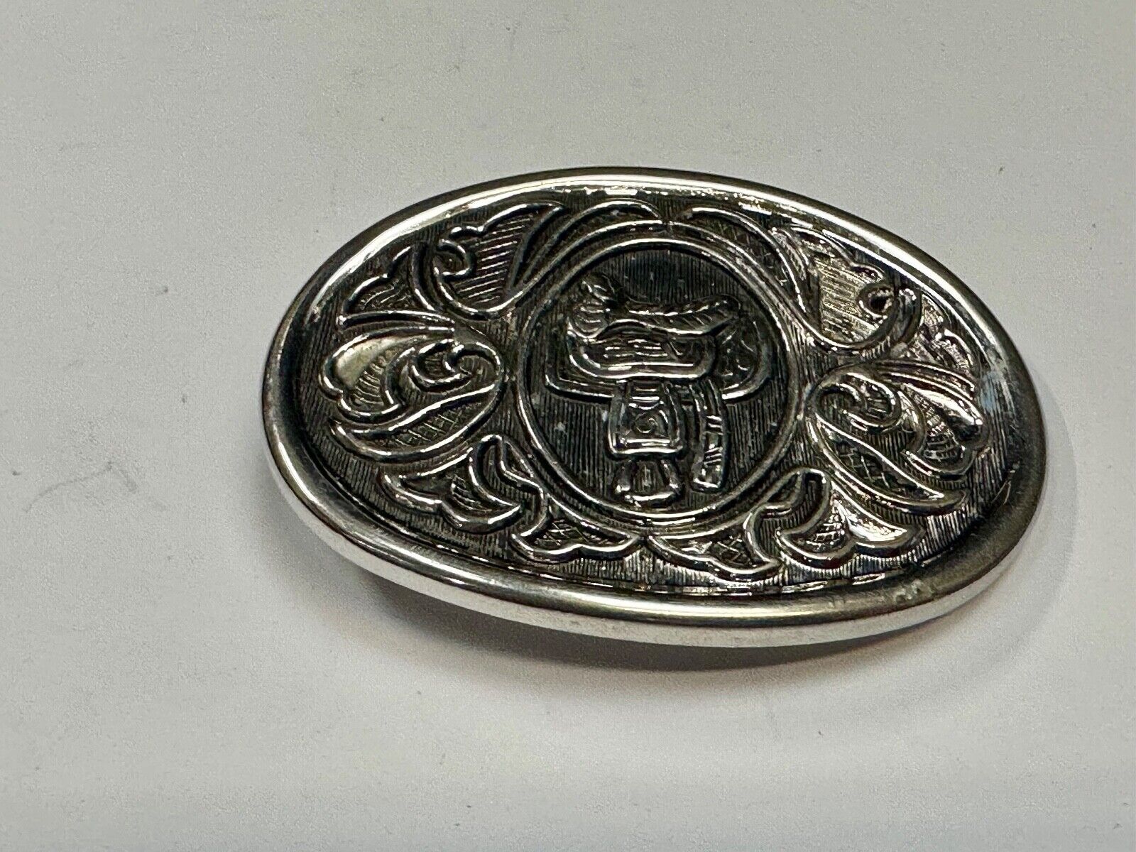 AVON Oval Ornate Vintage Belt Buckle Western Design w/Horse Saddle Silver Tone