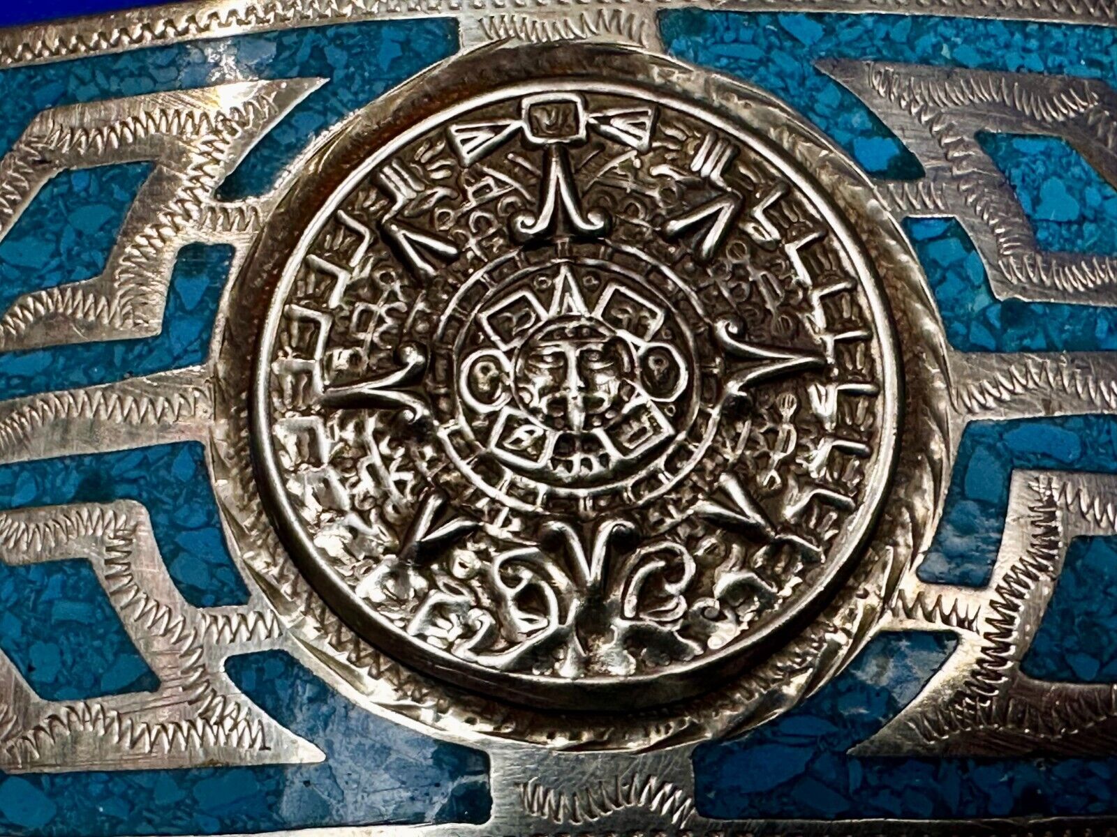 Aztec Mayan Calendar Sun Turquoise Inlay Southwestern Vintage Belt Buckle