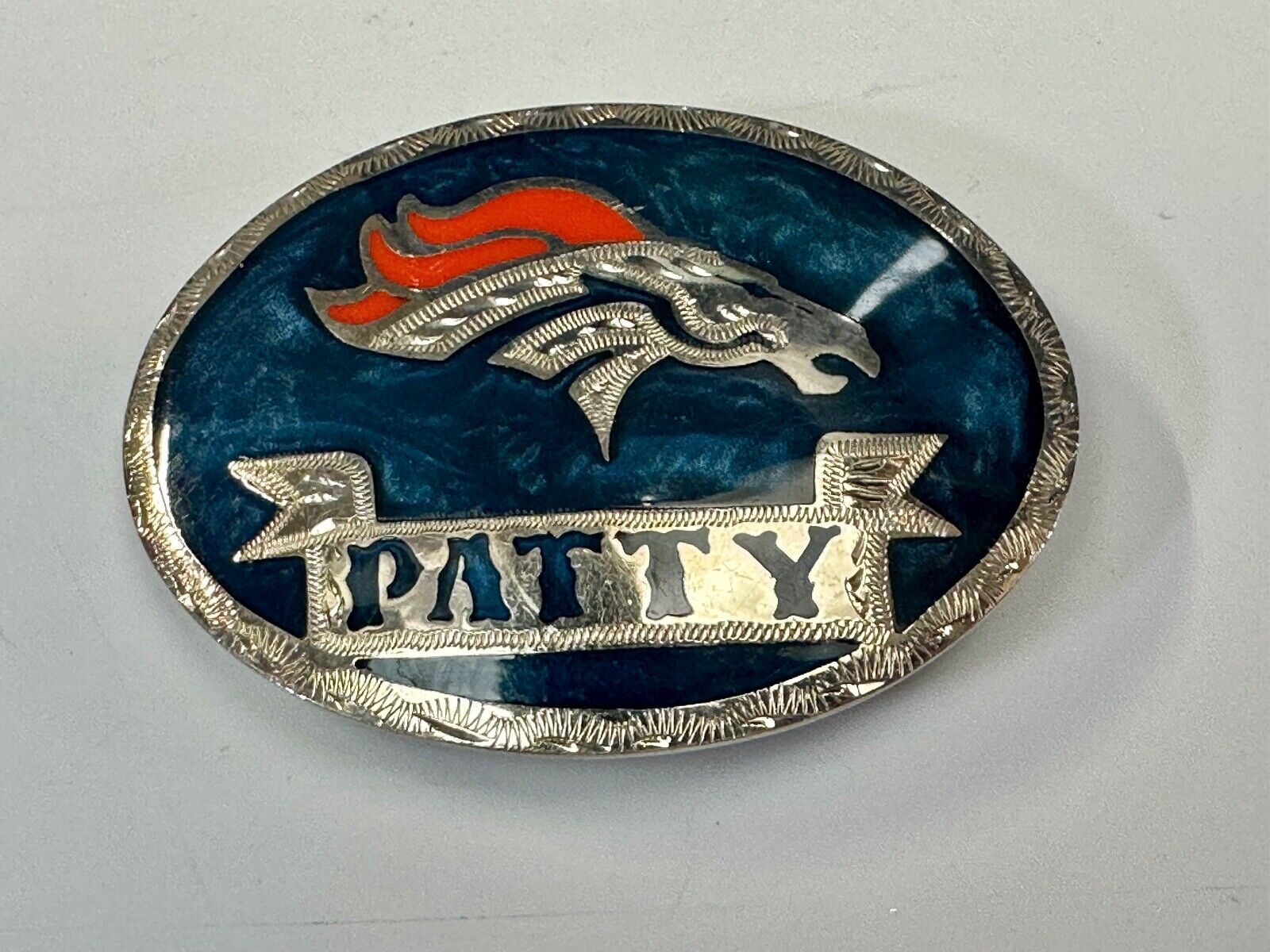 Artisan Custom Name PATTY ribbon - enamel inlaid Mustang race horse belt buckle