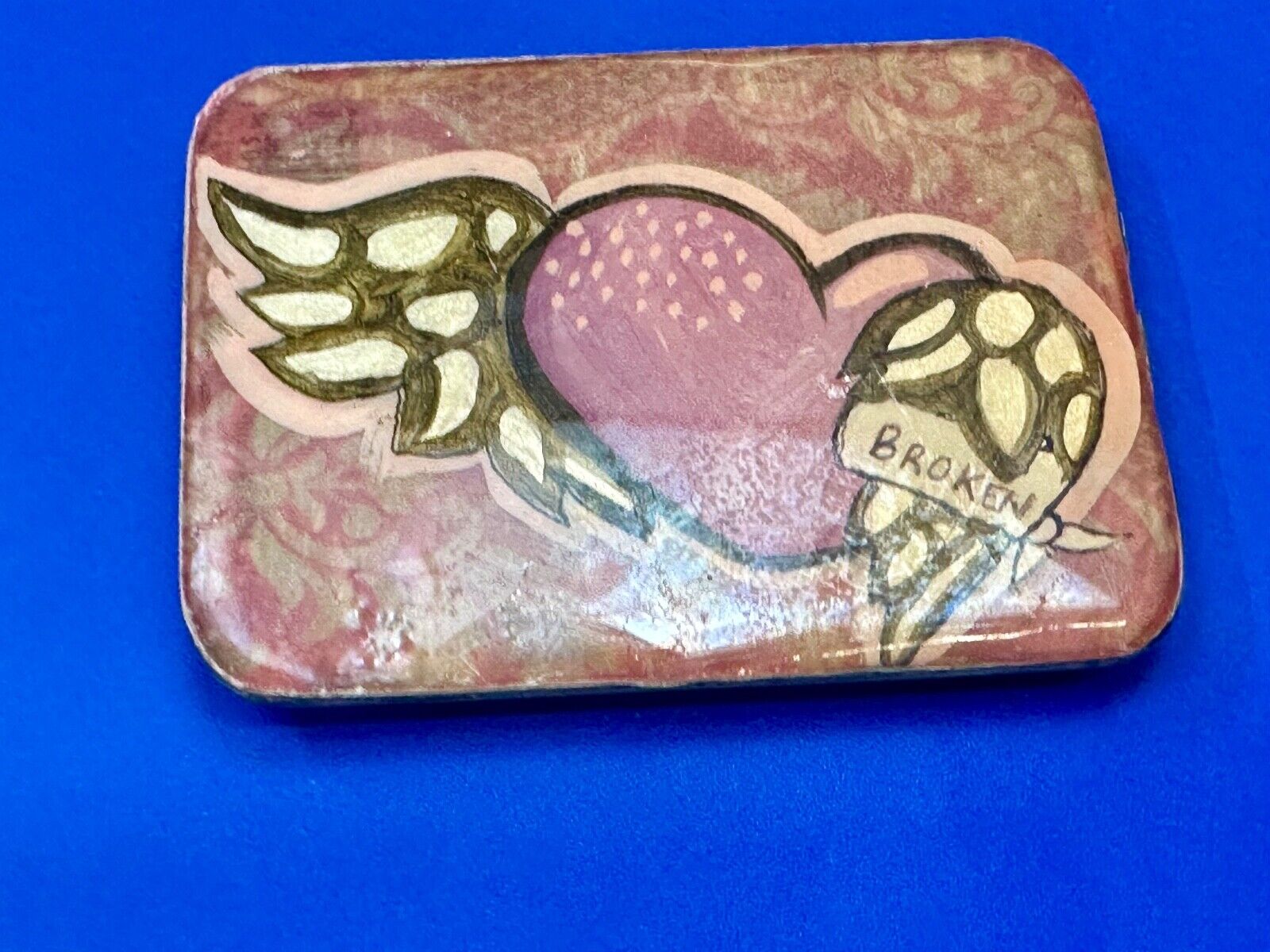 Vintage HEART with wings Mexican Collage belt buckle by artisan Nikki Zabicki