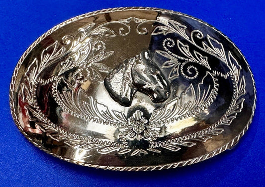 Vintage Horse Head Rodeo Flower Swirl Silver Tone Belt Buckle