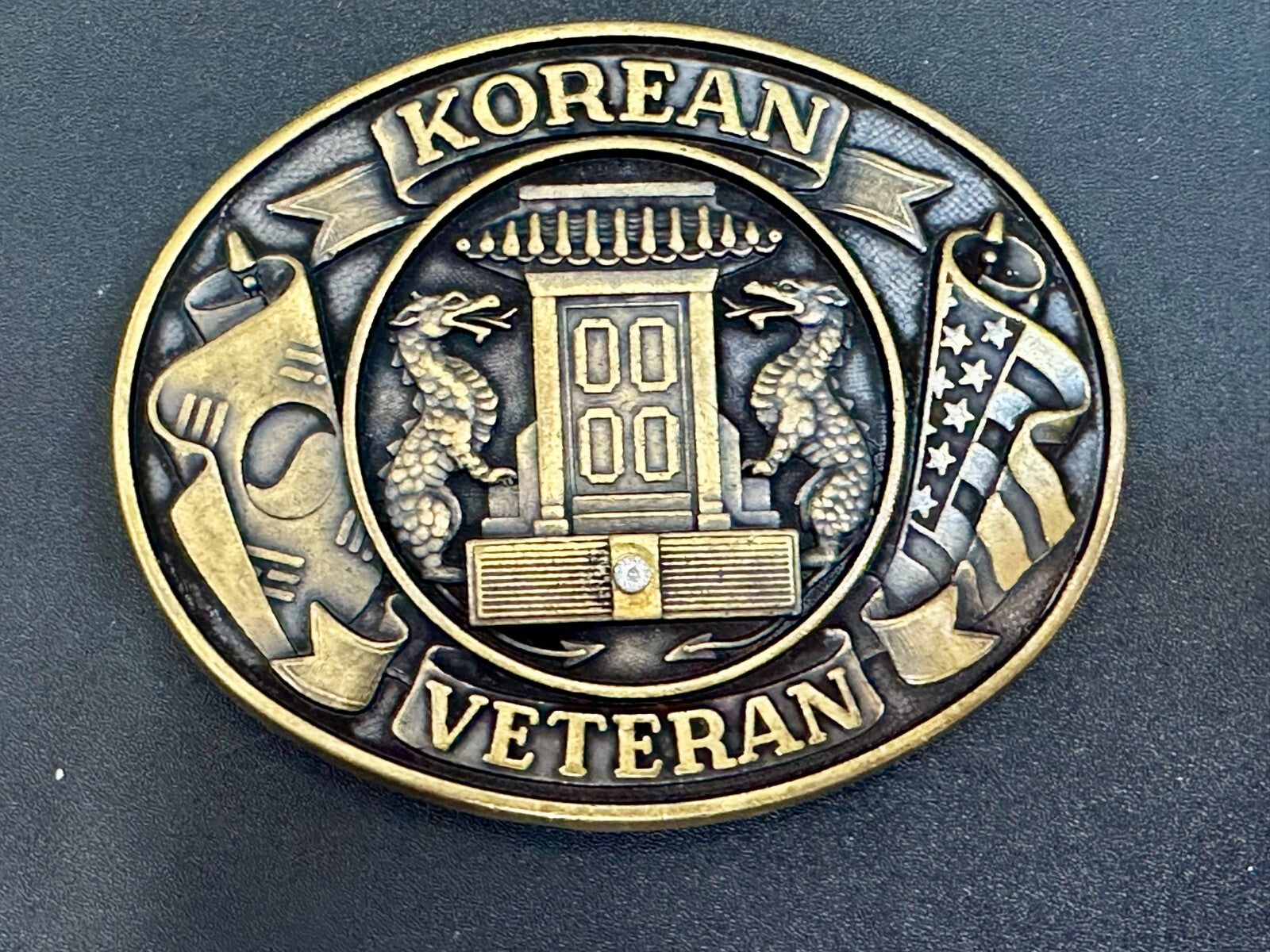 American Korean War Veteran WW II Soldier Commemorative Brass Tone Belt Buckle