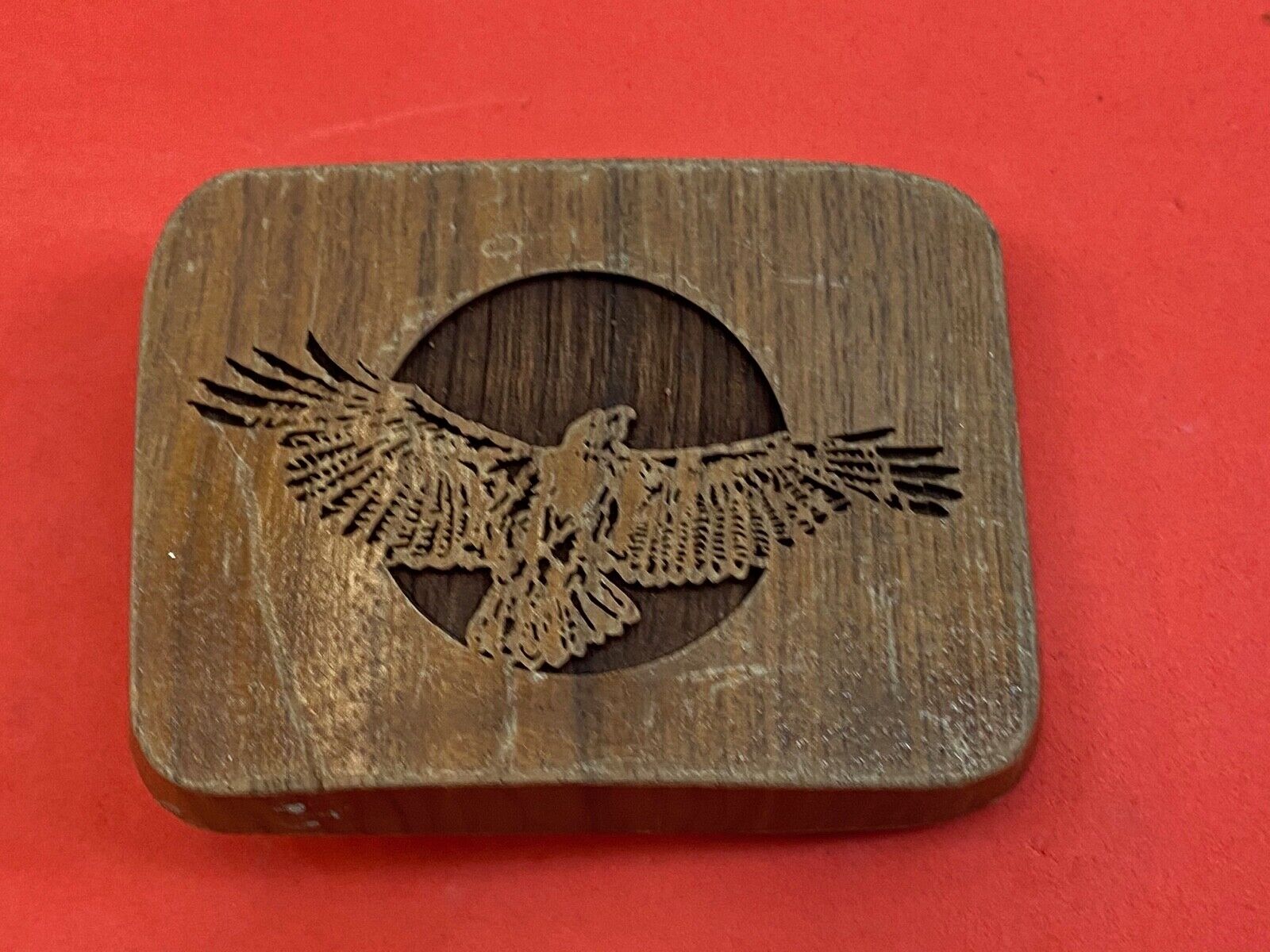 Vintage LASERCRAFT wooden belt buckle - The American Bald Eagle - Flying Wings 
