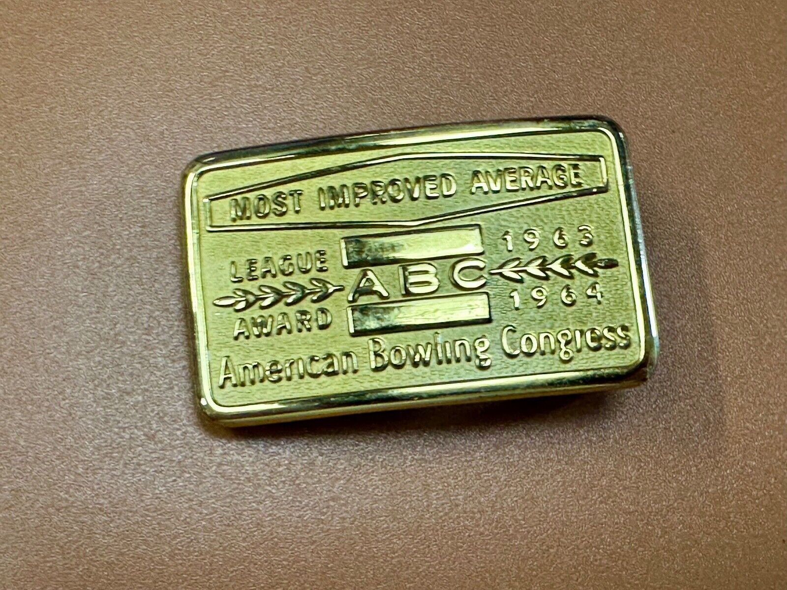 ABC Bowling League Award NOT engraved most improved trophy 1963 NOS belt buckle