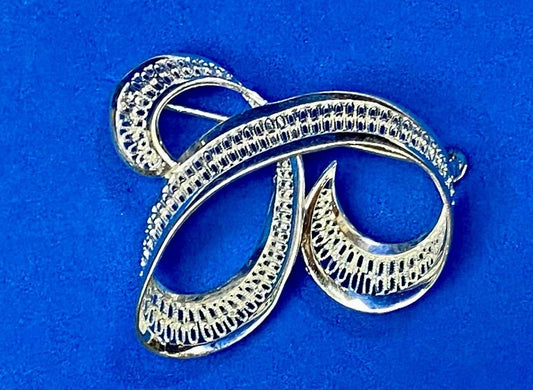 Vintage Filigree Ribbon Swirl Sterling Silver 925 Brooch Pin Signed EB