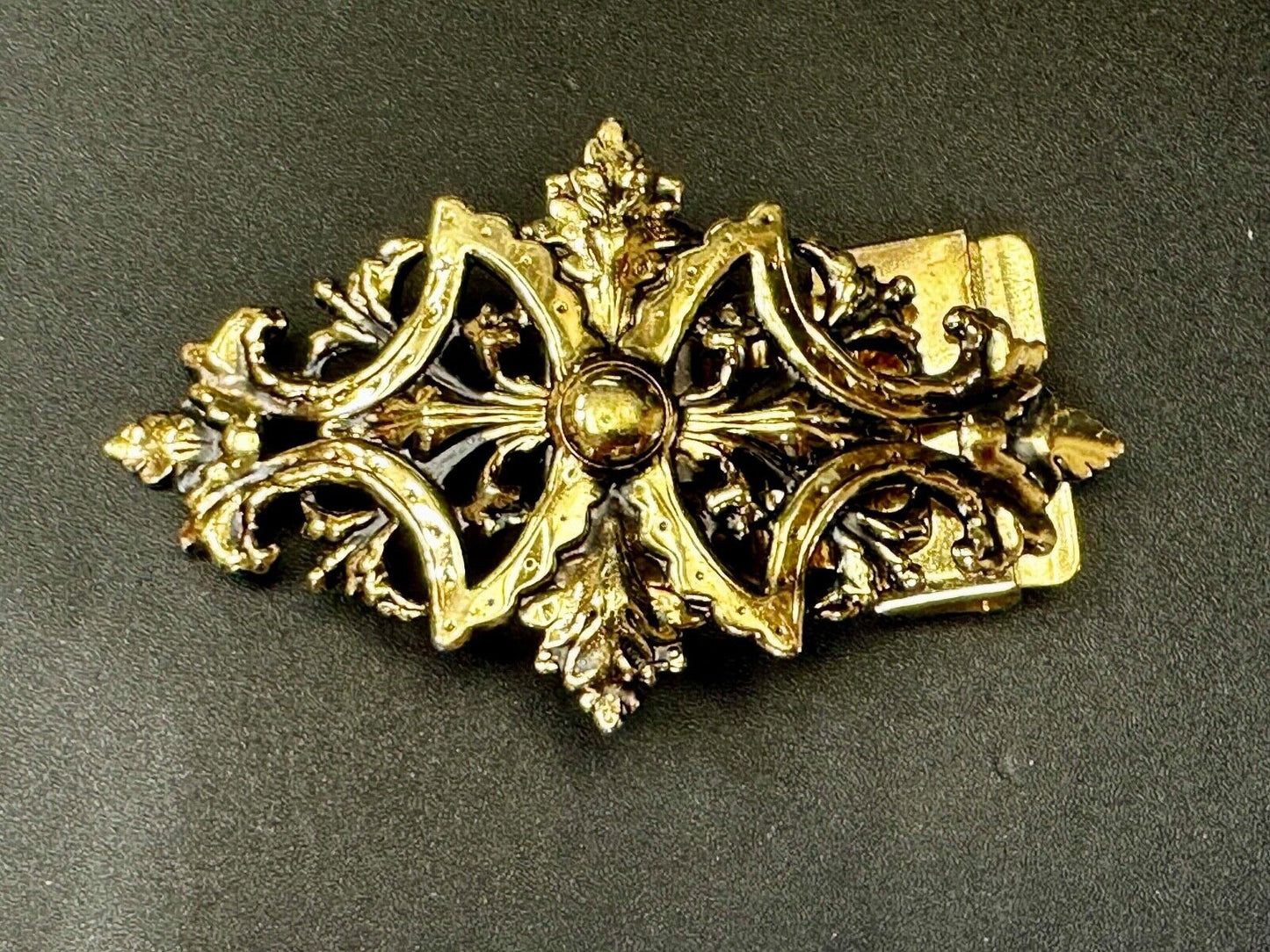 Victorian Style Filigree with Large Gold Tone Leaves Vintage Belt Buckle