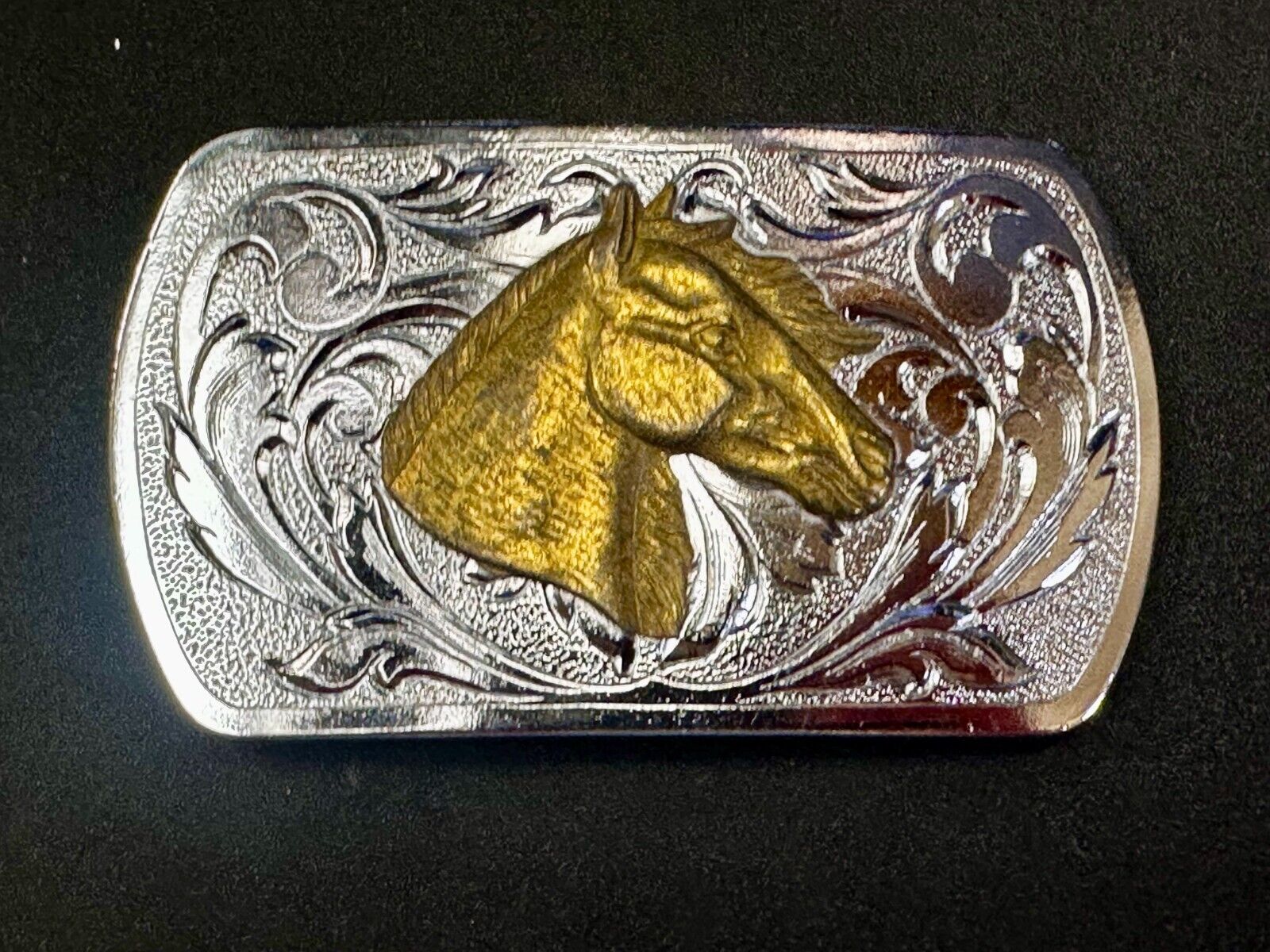Two Tone Horse Head Vintage Western Flower Swirl Design Belt Buckle