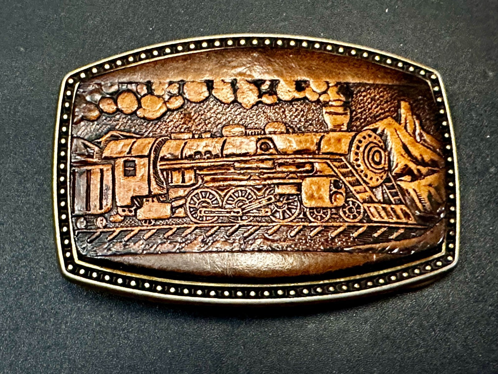 #4108 Train Locomotive Railroad Vtg. Leather on Metal Alumaline Belt Buckle
