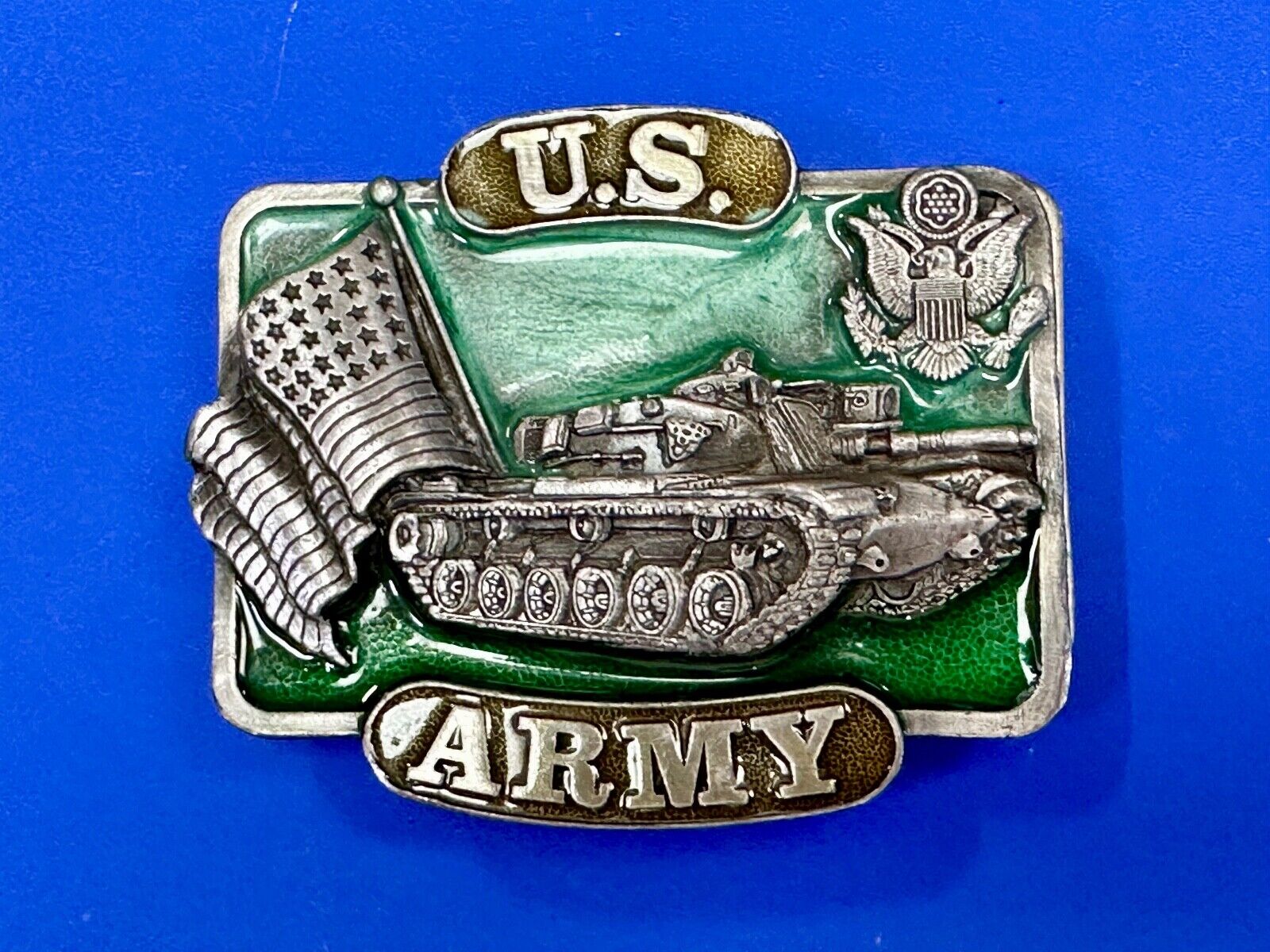 U.S. Army Belt Buckle Tank Flag vintage 1982 Bergamot Brass Works K-32