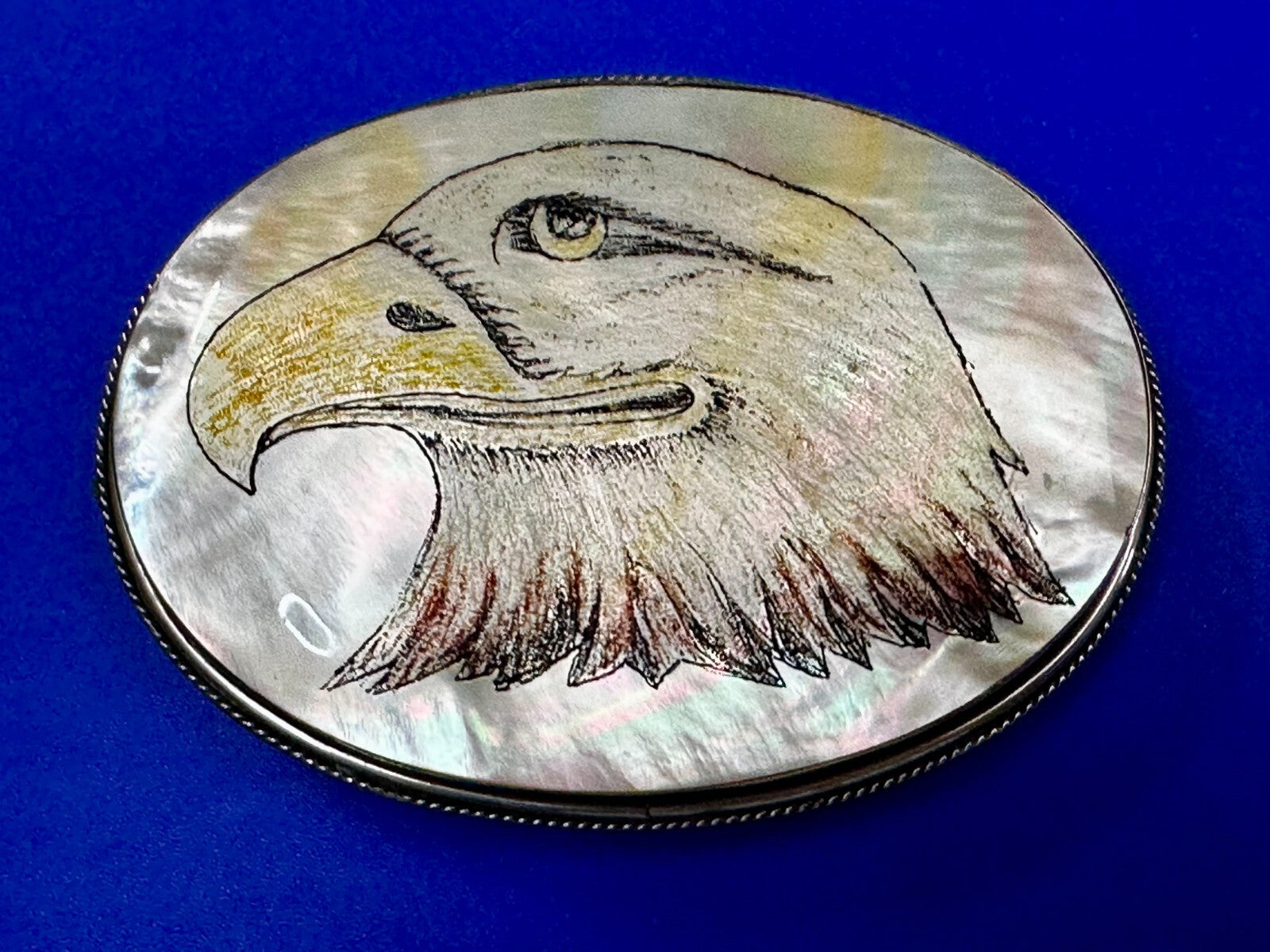 American Bald Eagle Handmade On Mother Of Pearl Shell Belt Buckle - Hallmarked M
