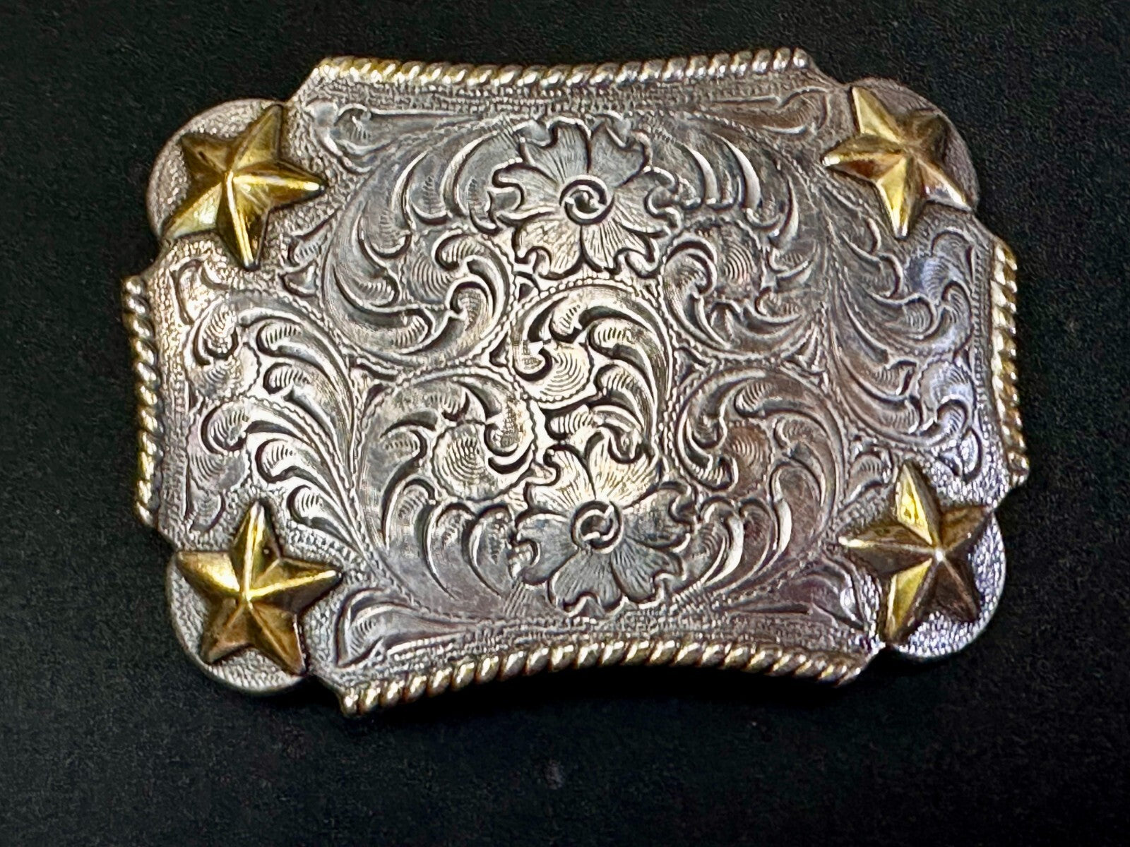 Texas Lone Star Corners Flower Swirl Ornate Western Two Tone Belt Buckle