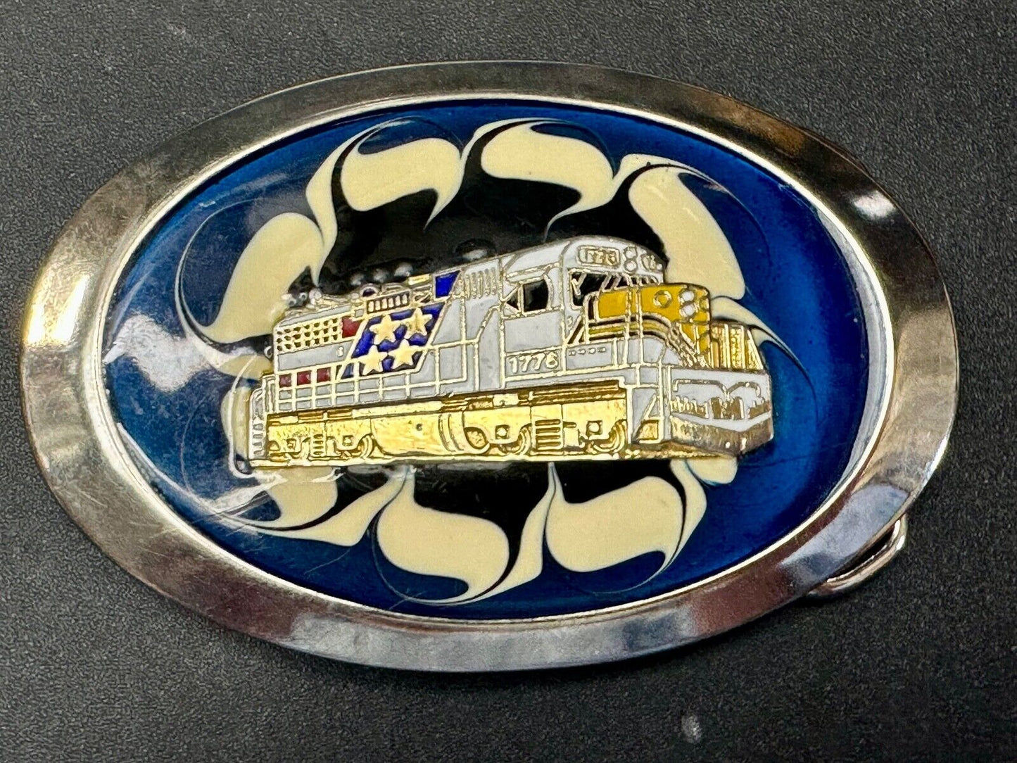Artisan Trail Car Engine on retro swirl background Vintage Oval Belt Buckle