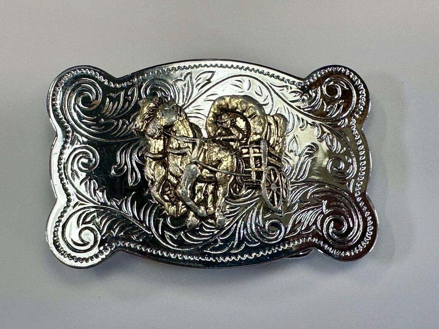 Vintage Horse Drawn Covered Wagon two tone belt buckle made in Japan