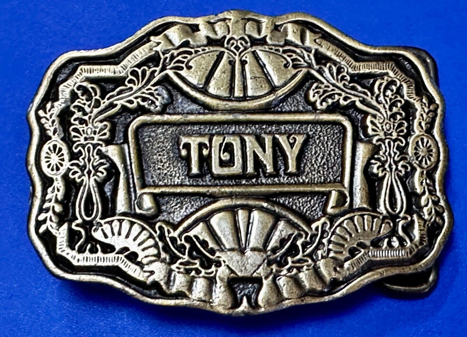 Tony Custom Name Western Framed  Flower Swirl Belt Buckle by ODEN Inc.