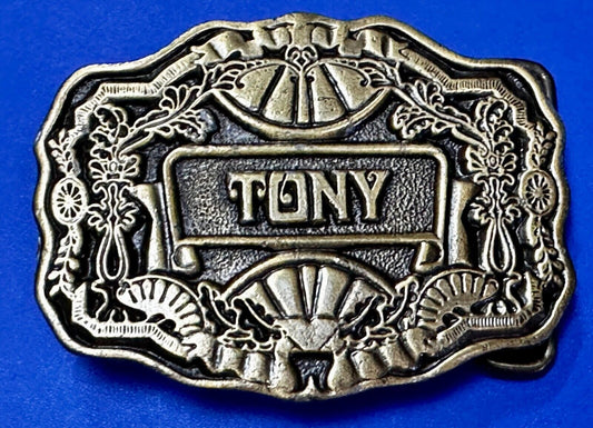 Tony Custom Name Western Framed  Flower Swirl Belt Buckle by ODEN Inc.