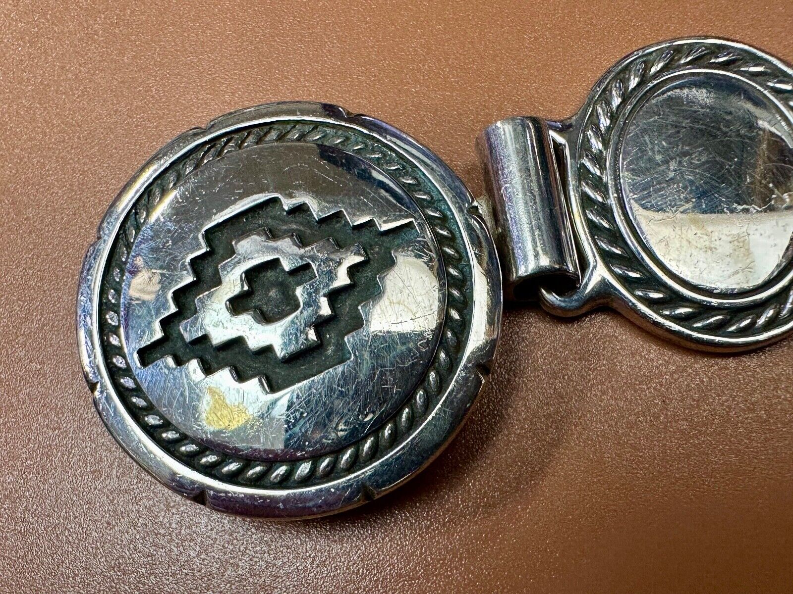 Antique 900 Silver three piece 5" wide southwest concho pattern belt buckle
