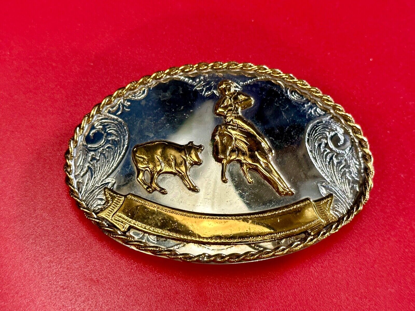 Vintage German Silver Rodeo Cowboy With Blank Award Trophy Ribbon belt buckle