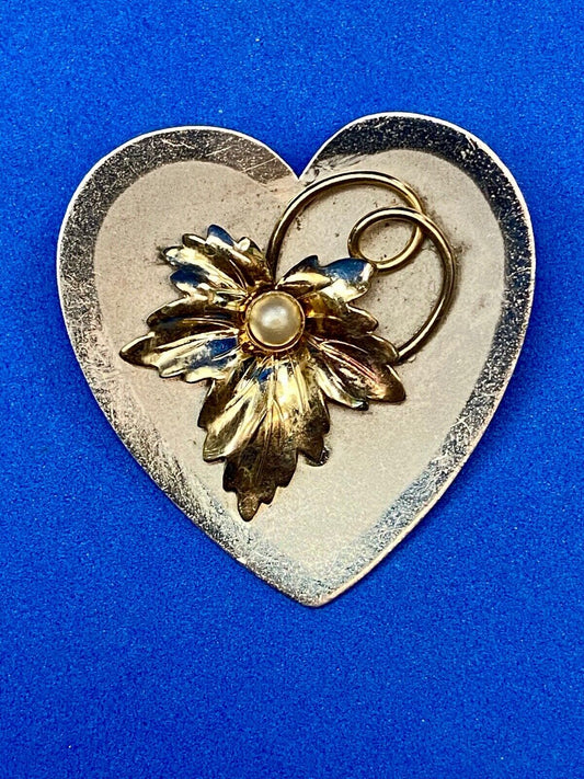 Vintage Heart Shaped Sterling Silver 925 Brooch Pin with Leaf and Pearl 12K GP