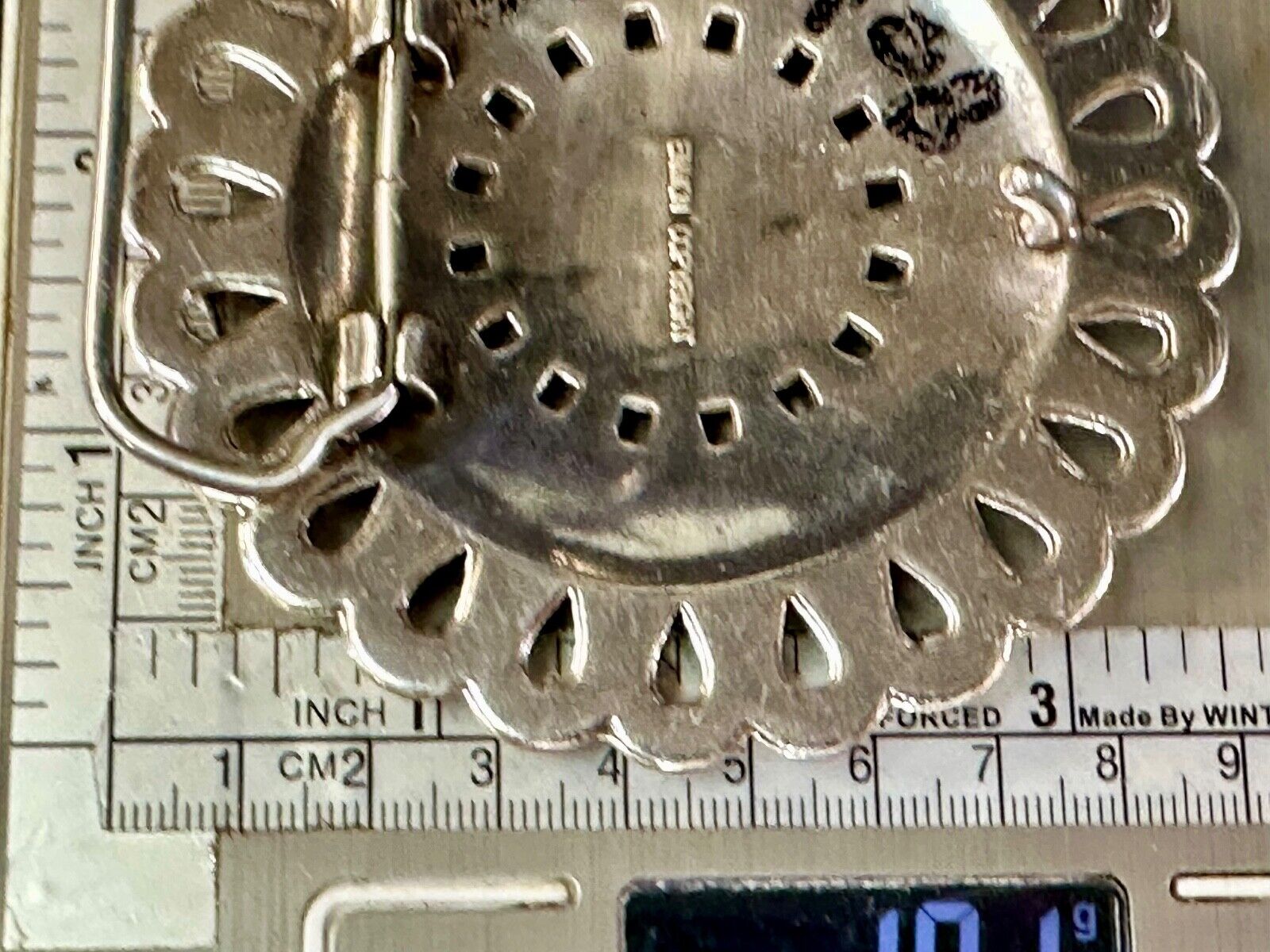 Vintage Flower shaped silver tone red rhinestone accented belt buckle