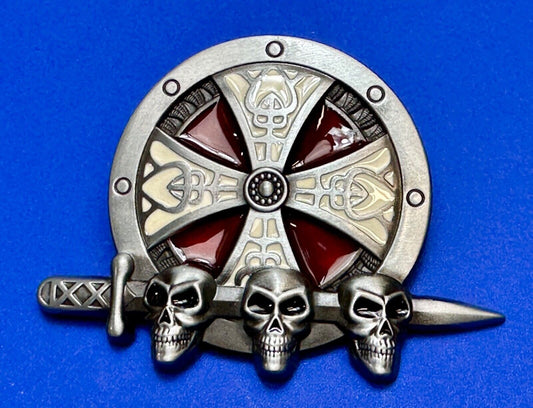 Three skulls with sword through heads on Iron Cross round NOS belt buckle