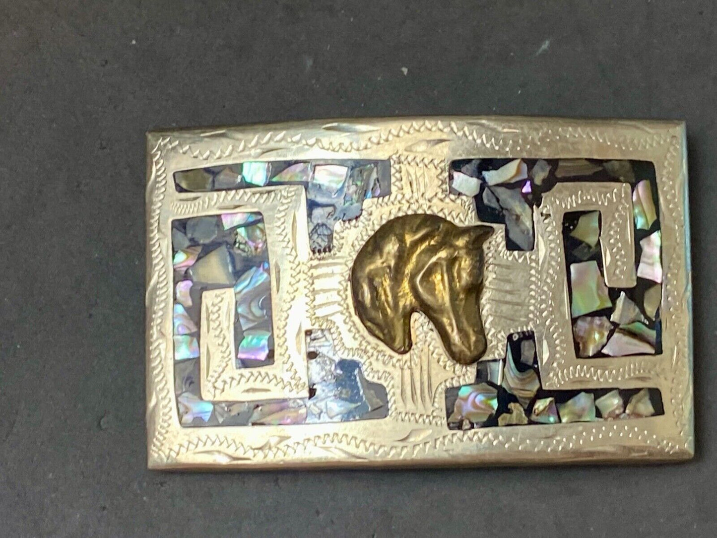 Vintage horse head on abalone shell inlay artist stamped western belt buckle