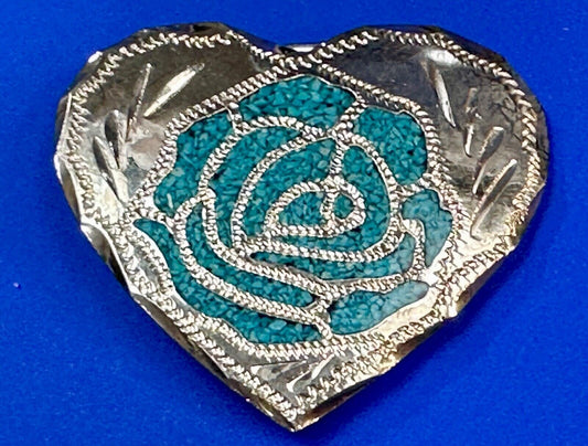 Turquoise inlaid rose flower to 3" wide heart shaped engraved swirl belt buckle