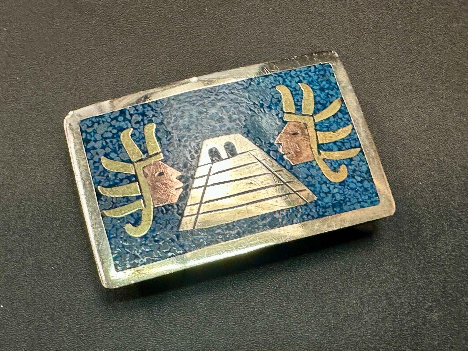 Aztec Mayan Temple Pyramid Figures Vintage Inlay belt buckle made in Mexico